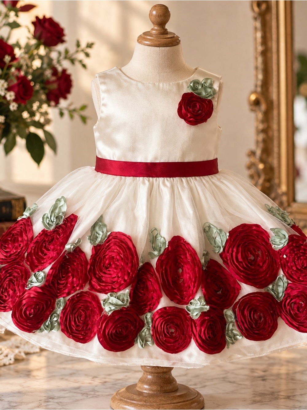 American Princess Girls 24M Ivory Red Rose Dress Satin Tulle Holiday Christmas